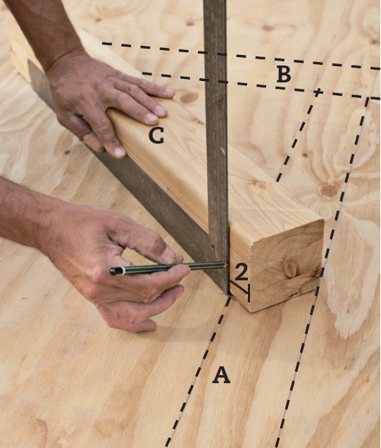 Purjekatos: Aseta poikkijäykistäjä (C) kaavalle ja merkitse, miten sen molemmat päät sahataan viistoon.