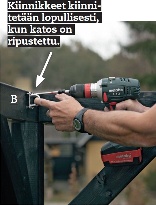 Purjekatos: Kiinnitä kolme silmukkakiinnikettä (B) yläsidepuuhun, 3 joka osioon.