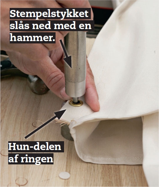 Sejldug: Træk sejlet ind over stempelmaskinen, og læg hun-delen af ringen ovenpå.