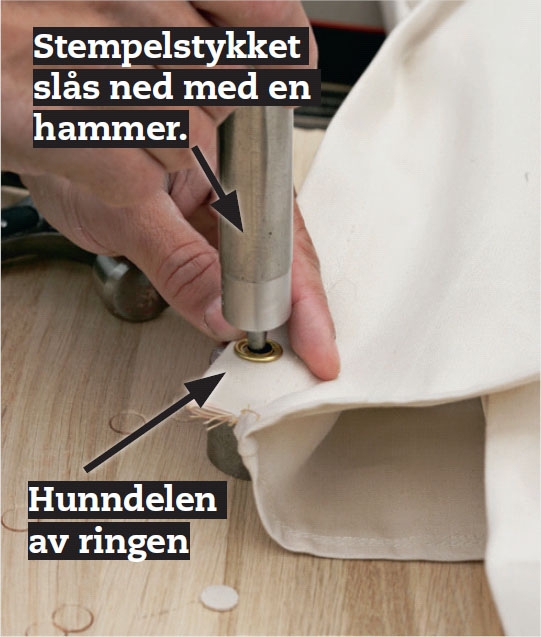 Seilduk: Trekk duken inn over stempelpressen, og legg hunndelen av ringen oppå.