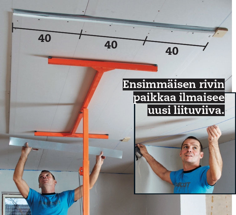 Kipsilevykatto: Aseta toisen levykerroksen ensimmäinen levy