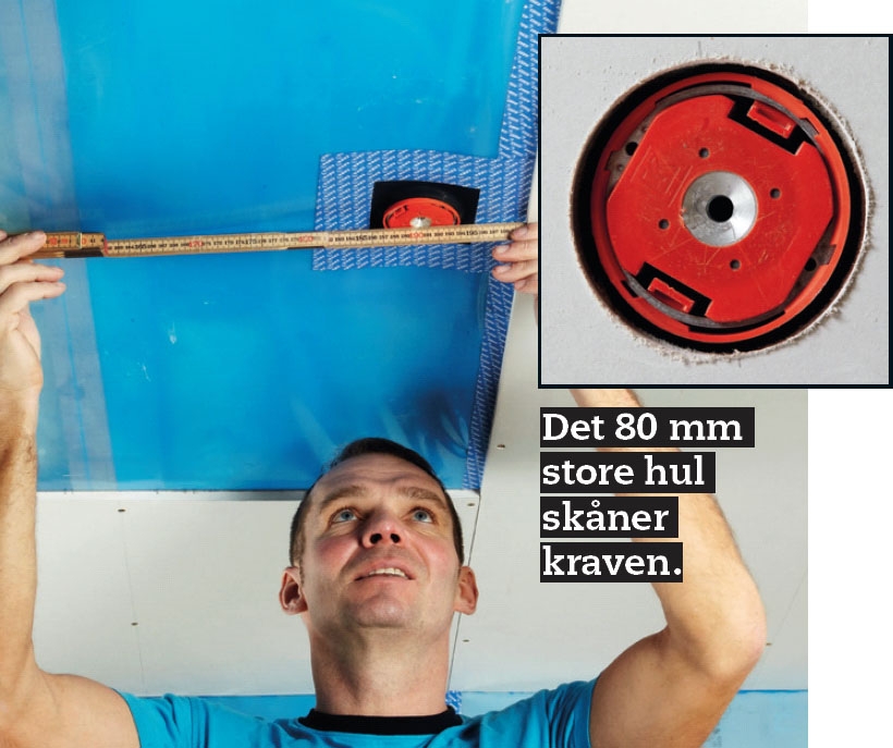 Opsætning af gipsloft: Hullerne til loftsdåserne skæres i første lag plader