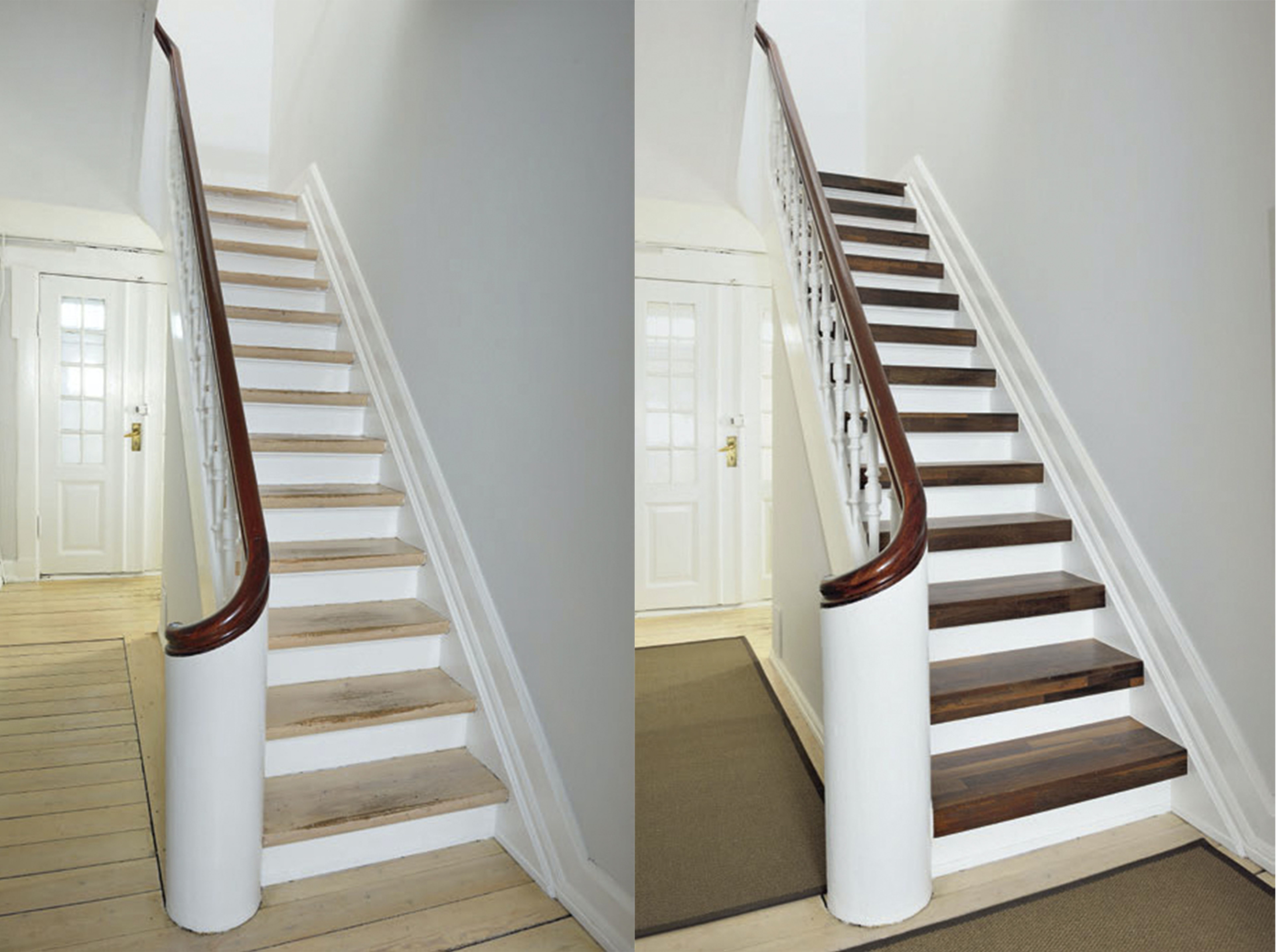 Før og efter nye trappetrin i træ