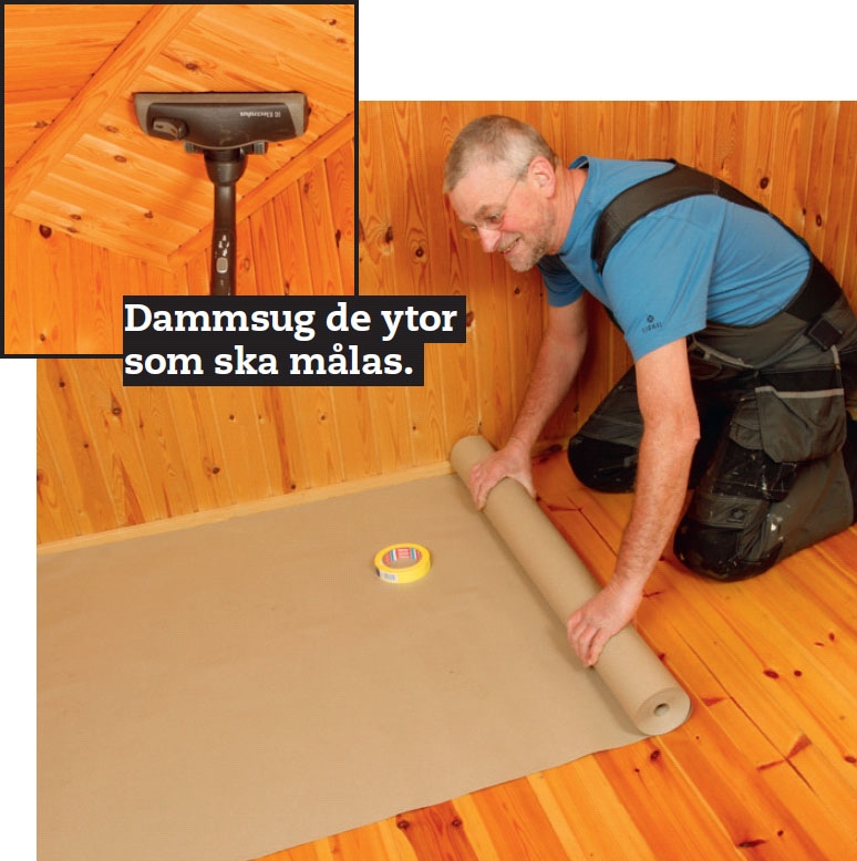Måla trätak: När du har dammsugit och tvättat rent skyddar du golvet