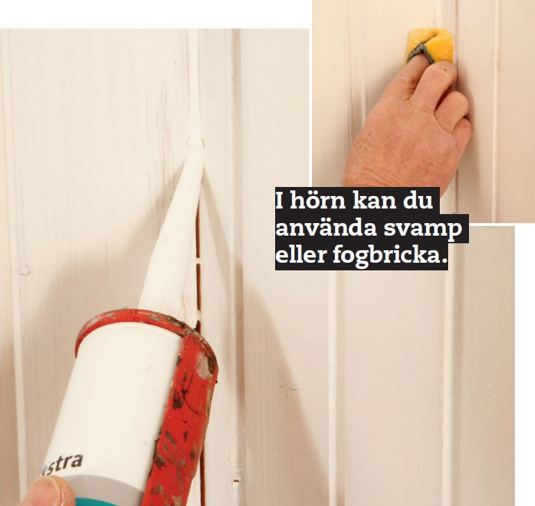 Måla trätak: Springorna i hörnen mellan väggpanelerna fylls också