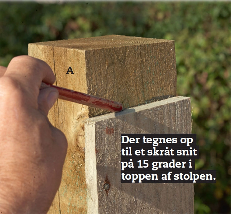Støjhegn: Stolpen (A) skal saves skråt af foroven, så vandet kan løbe væk fra topbrættet (F).