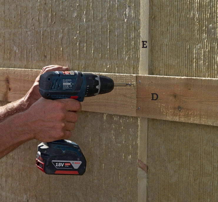 Støjhegn: Skru brædder (D) fast uden på isoleringen med to 4,5 x 60 mm skruer i hver stolpe.