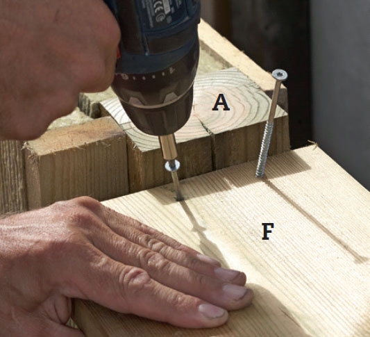 Støjhegn: 2. Topbrættet (F) placeres oven på hjælpeklodsen og skrues fast til den, hvor hegnet “falder”.