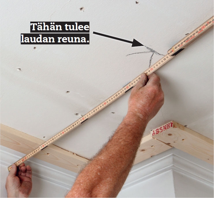 Kipsilevy kattoon: Ota seinästä mitta (tässä 75 cm) ensimmäistä kipsilevyä