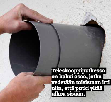 Hiljainen liesituuletin: Poraa seinään reikä ulkoapäin ja asenna teleskooppiputki