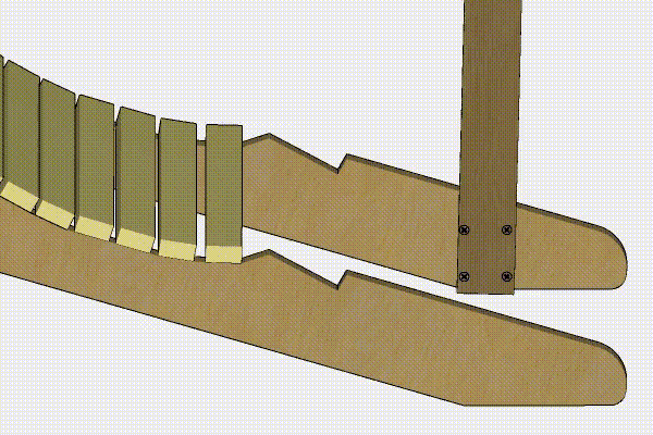 3D-model: Selve rygstøtten hviler på sine egne ben, som går indenom de brede sæde-ben.