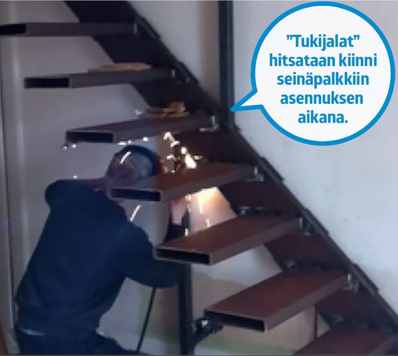 Leijuvat portaat: Toinen tukijalka hitsataan runkopalkin alapuolelle