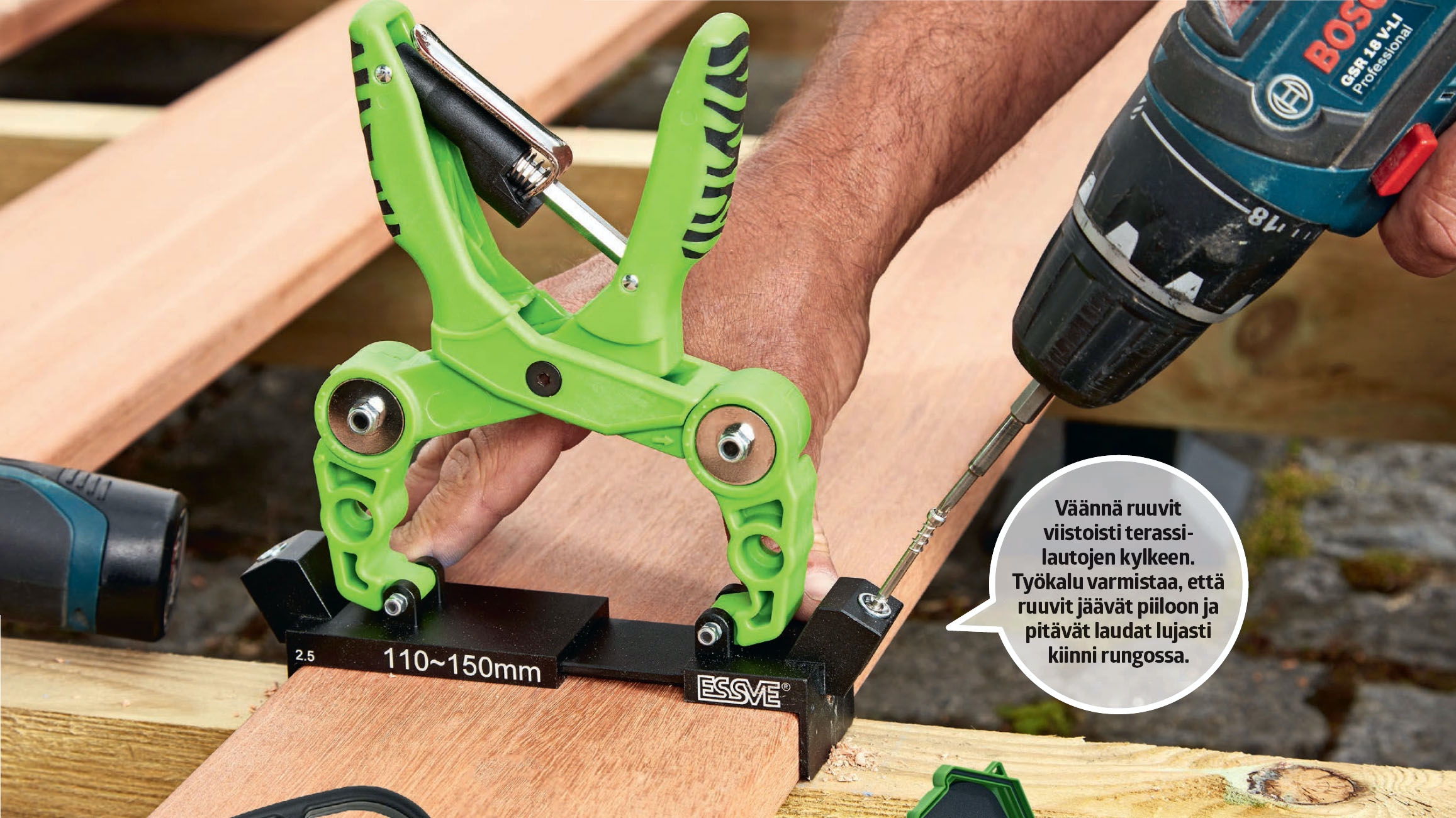 Terassilaudan piilokiinnitys erikoistyökalulla