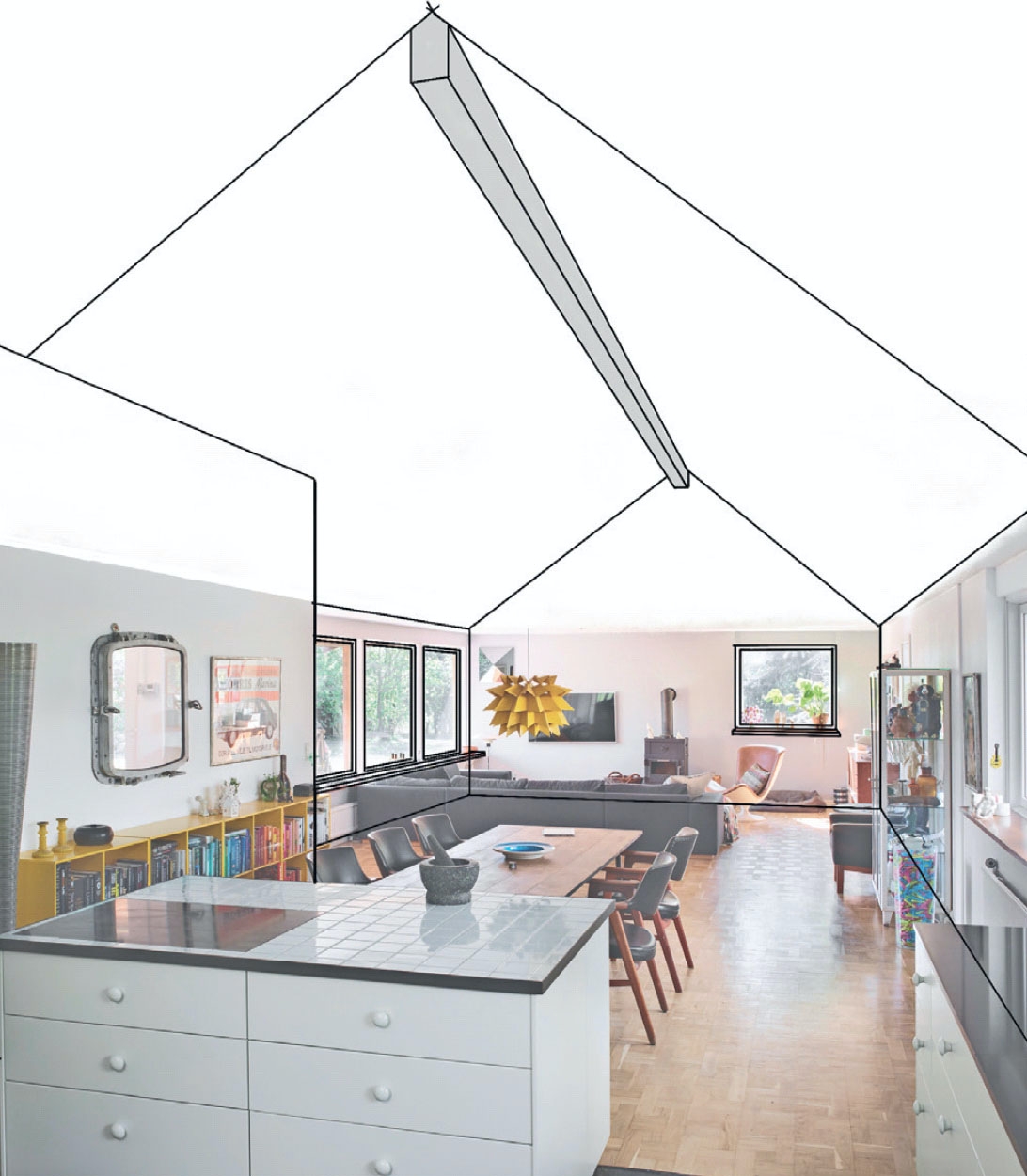 Loft til kip uden frie spær: Kipbjælken kan enten være synlig som her eller dækket ind