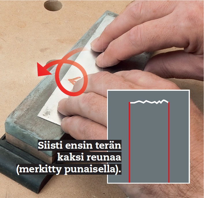 Siklin reunojen siistiminen hiomakivellä