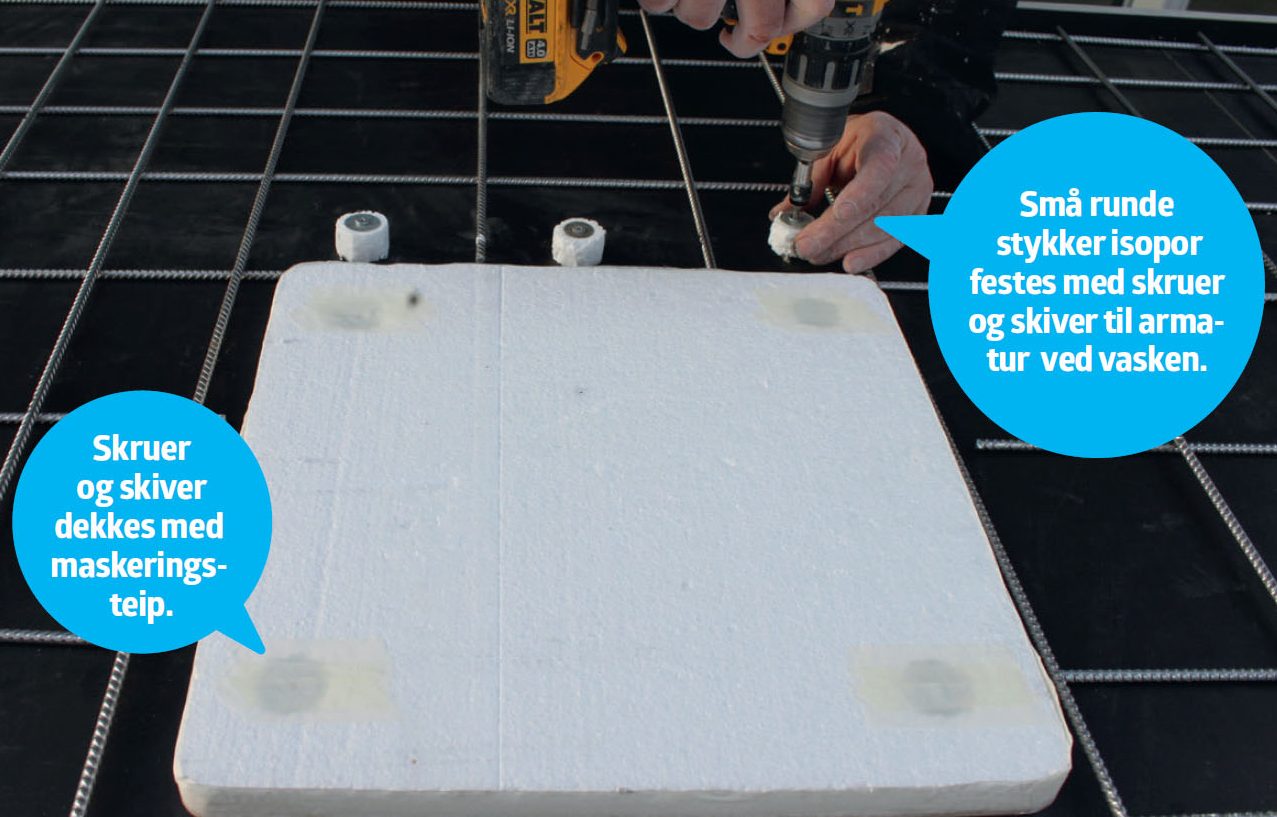 Terrazzo benkeplate: Husk å lage hull til armatur med isopor