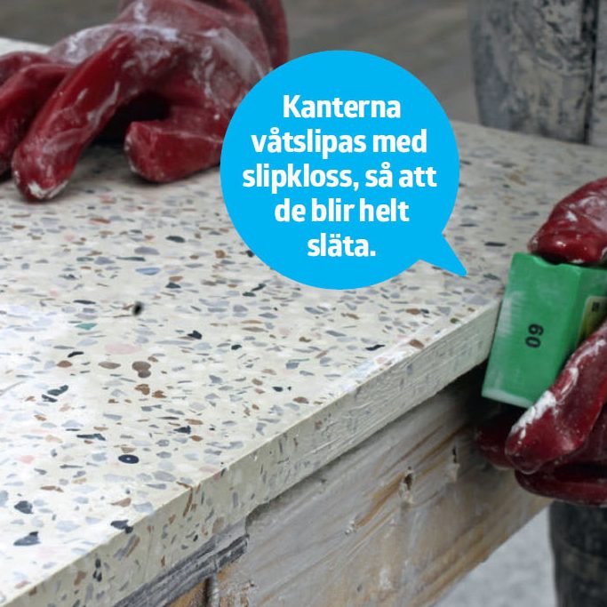 Terrazzo bänkskiva kök: Kanterna slipas med slipkloss