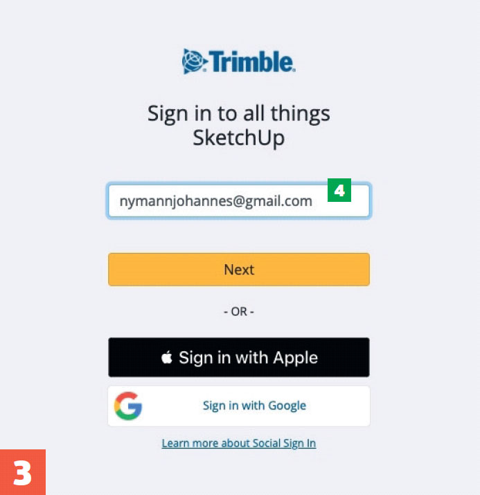 Tegneprogram gratis: Du skal bruge din emailadresse når du opretter dig i tegneprogrammet SketchUp