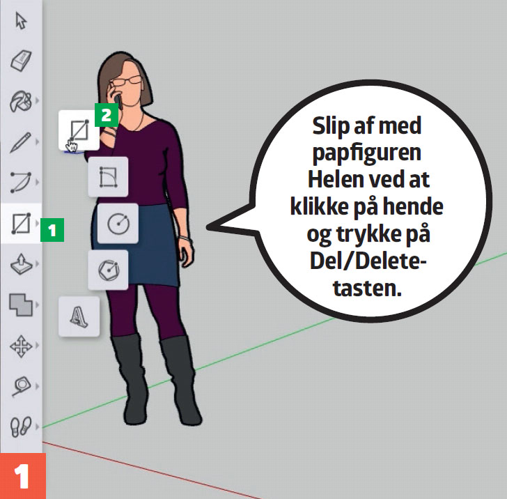 3d tegneprogram: Slip af med papfiguren Helen ved at klikke på hende og trykke Del/delete-tasten