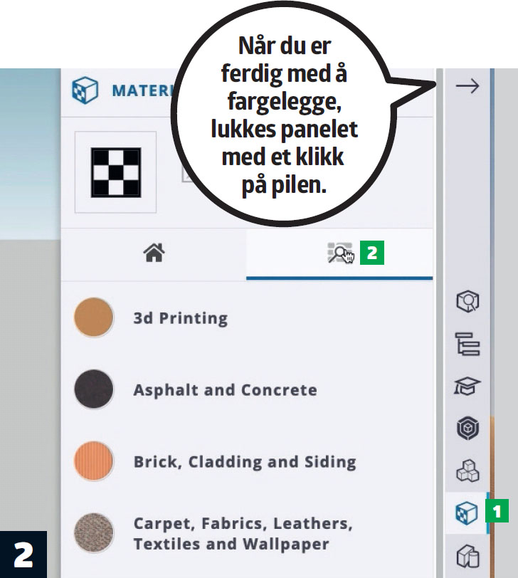 Teknisk tegneprogram gratis: Når du er ferdig med å fargelegge, lukkes panelet med et klikk på pilen.