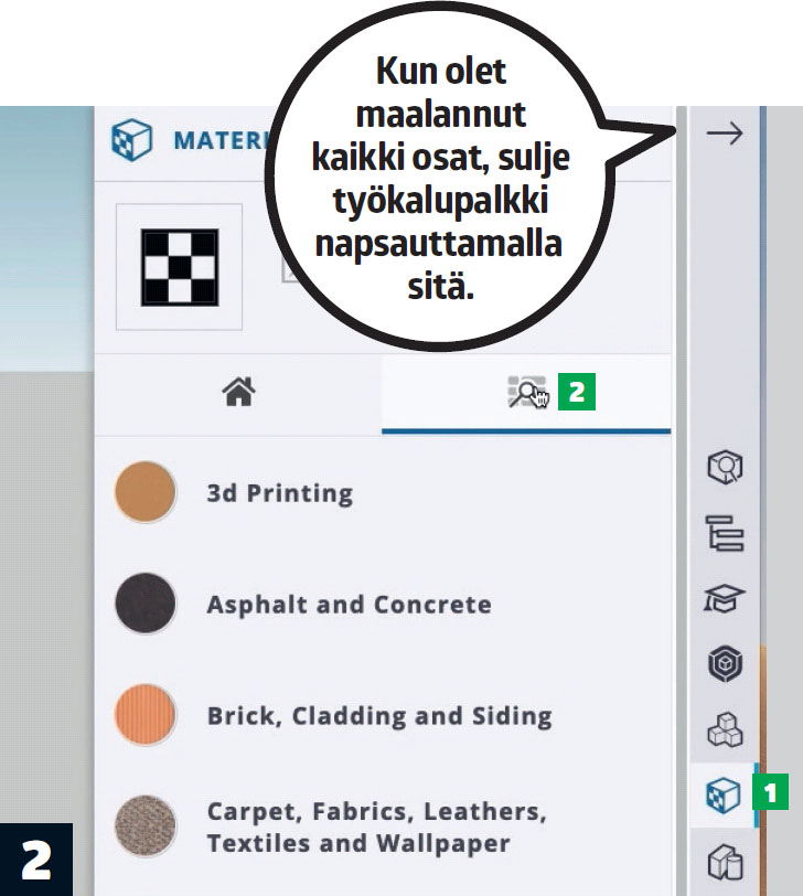 Ilmainen suunnitteluohjelma: Kun olet maalannut kaikki osat, sulje työkalupalkki napsauttamalla sitä.