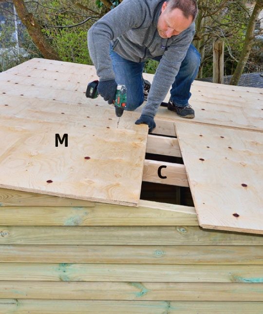 Kryssfinérplatene til utebod skrus fast til sperrene