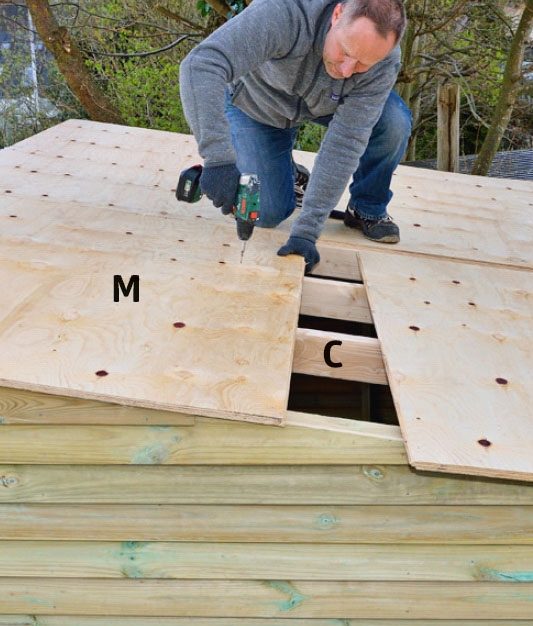 Takplywoodskivor till förråd skruvas fast i reglarna