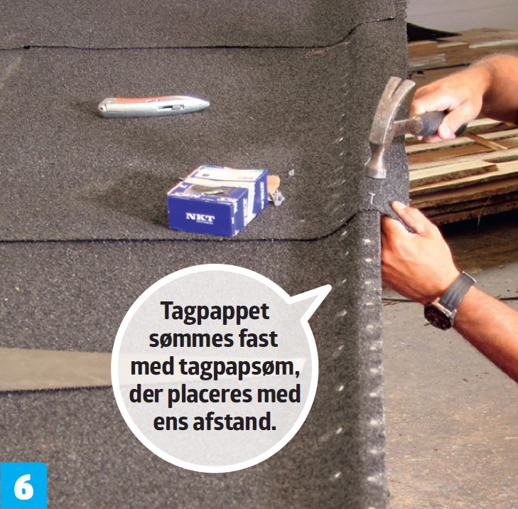 Tagpap til shelter sømmes fast