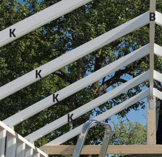 Upptill fästs takstolarna på nockregeln i orangeri med vinkelbeslag