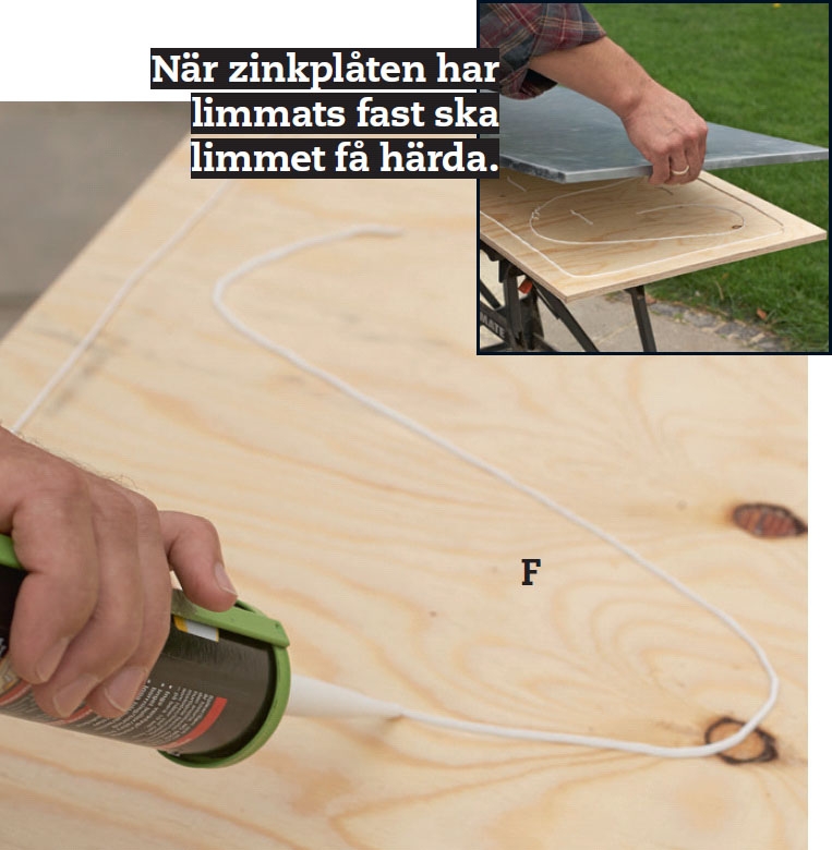 Lägg monteringslim på locket av dynlåda bänk