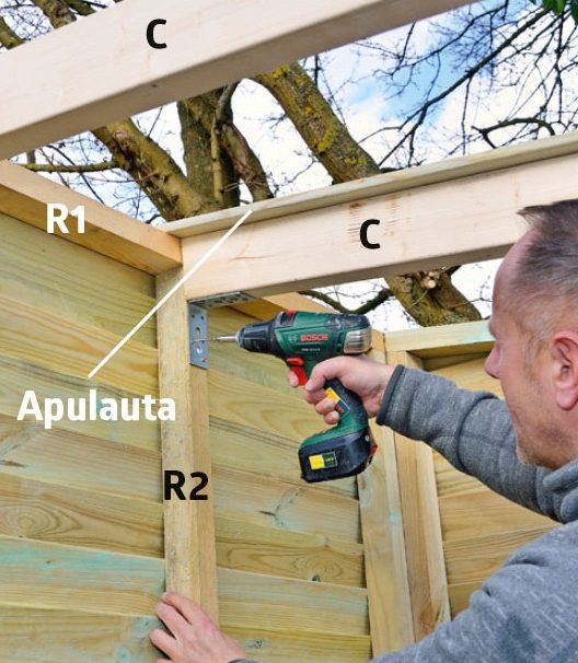 Palkkien kiinnittäminen pihavaraston pystytolppiin