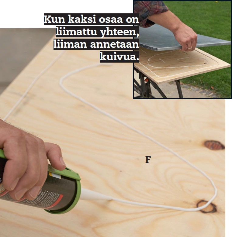 Puisen pehmustelaatikon kannelle levitetään asennusliimaa
