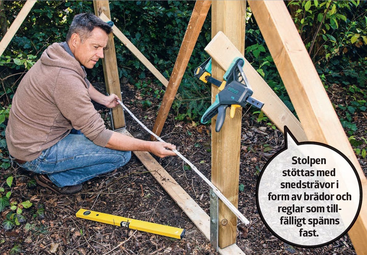 Utegym på tomten: Kolla också så att avståndet mellan stolparna är detsamma uppe och nere