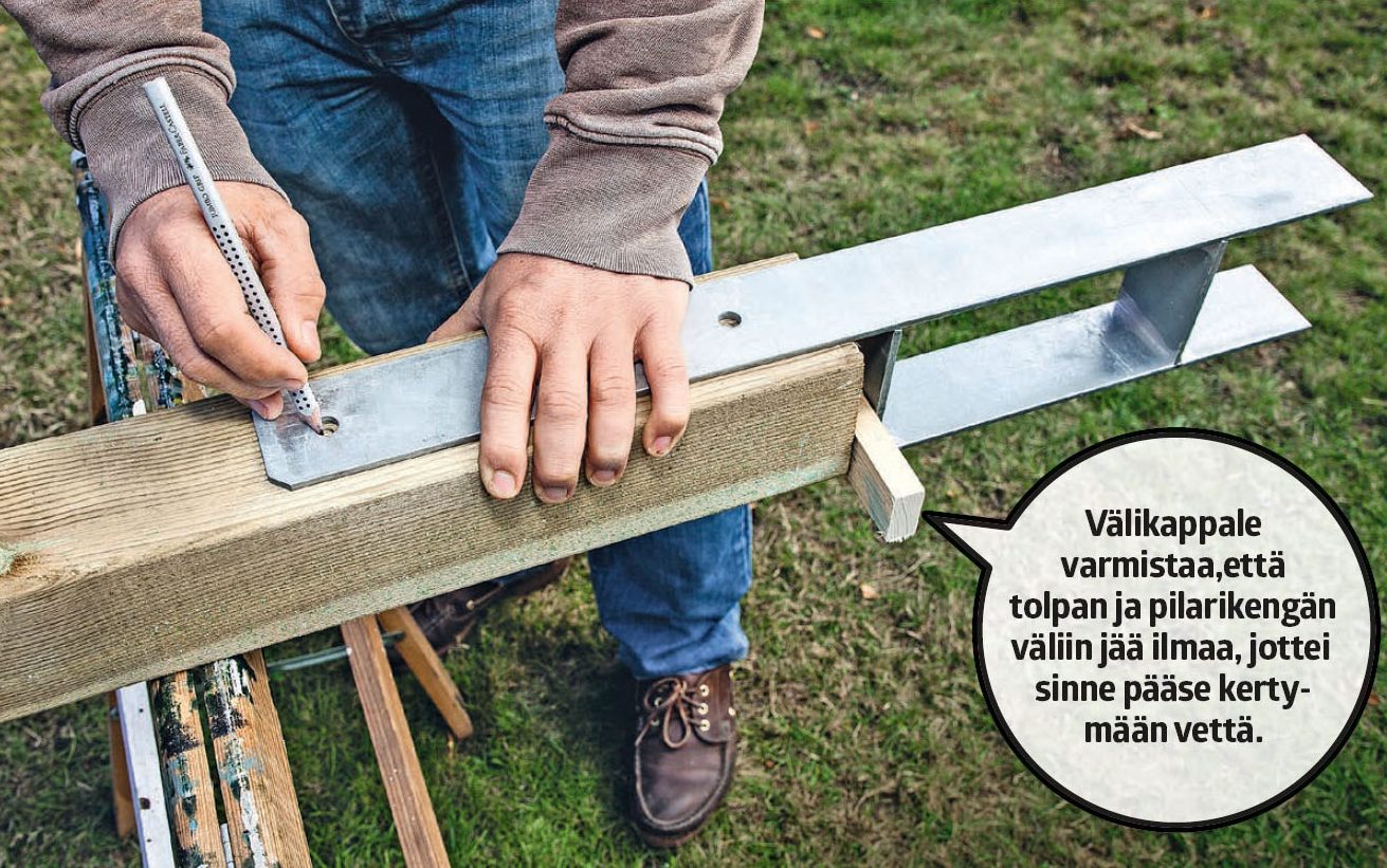 Ulkokuntoiluteline: merkitse, mihin kohtaan porataan reiät tolpanjalkaa varten