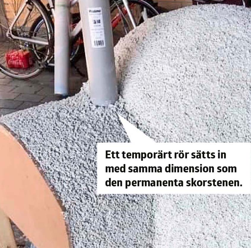 När perliten har satts på demonteras det tillfälliga skorstensröret på pizzaugn