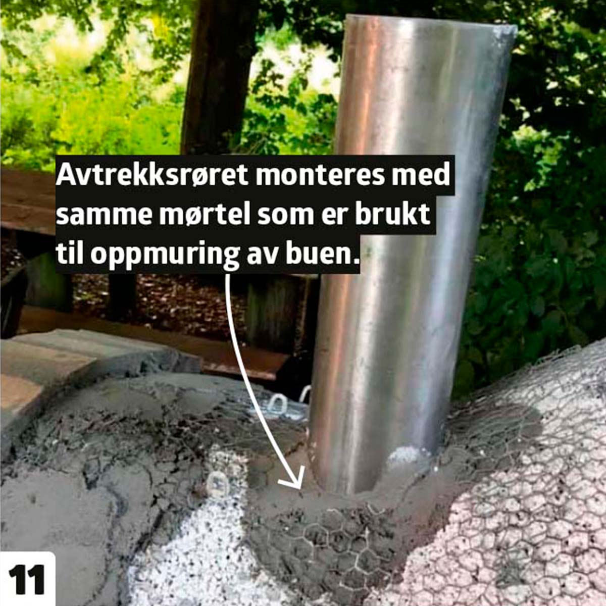 Avtrekksrør monteres med mørtel på pizzaovn ute