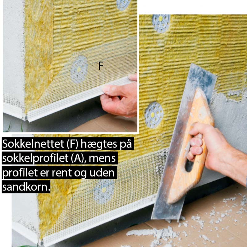 Udvendig isolering: Blød grundpuds trækkes på isolering