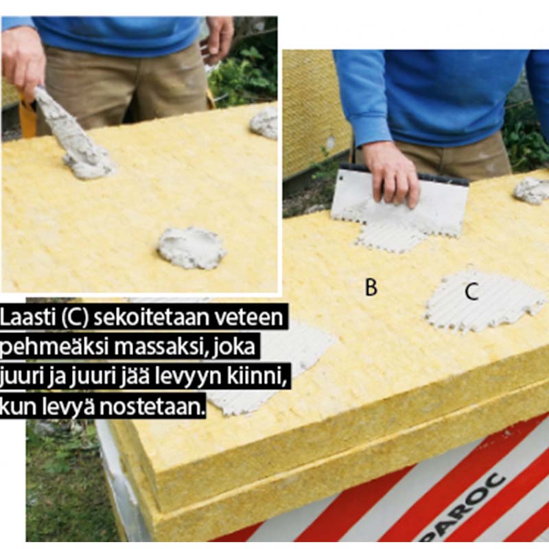 Eristelevyt leikataan ja niiden taustapintaan sivellään laastia