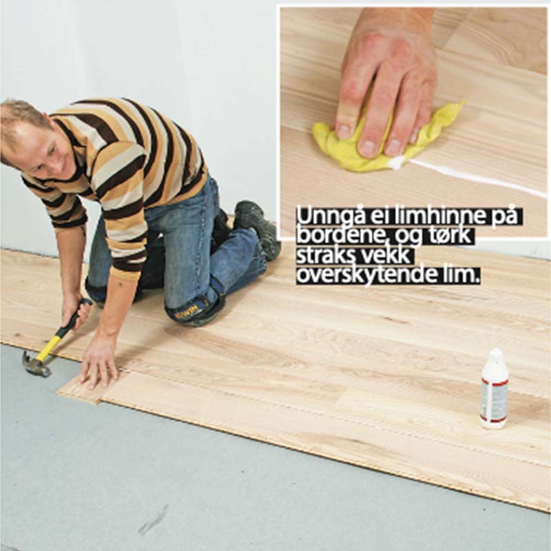 Gulvvarme tregulv: Gulvbordene monteres med parkettlim