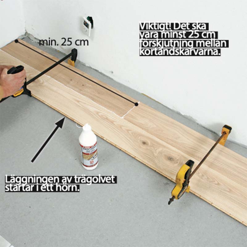 Golvvärme trägolv: De första brädorna pressas ihop