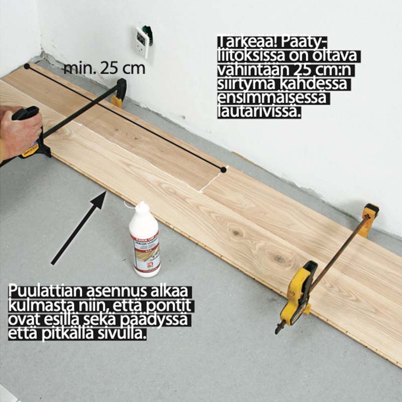 Lattialämmitys puulattiaan: Ensimmäiset laudat kootaan tii-viisti