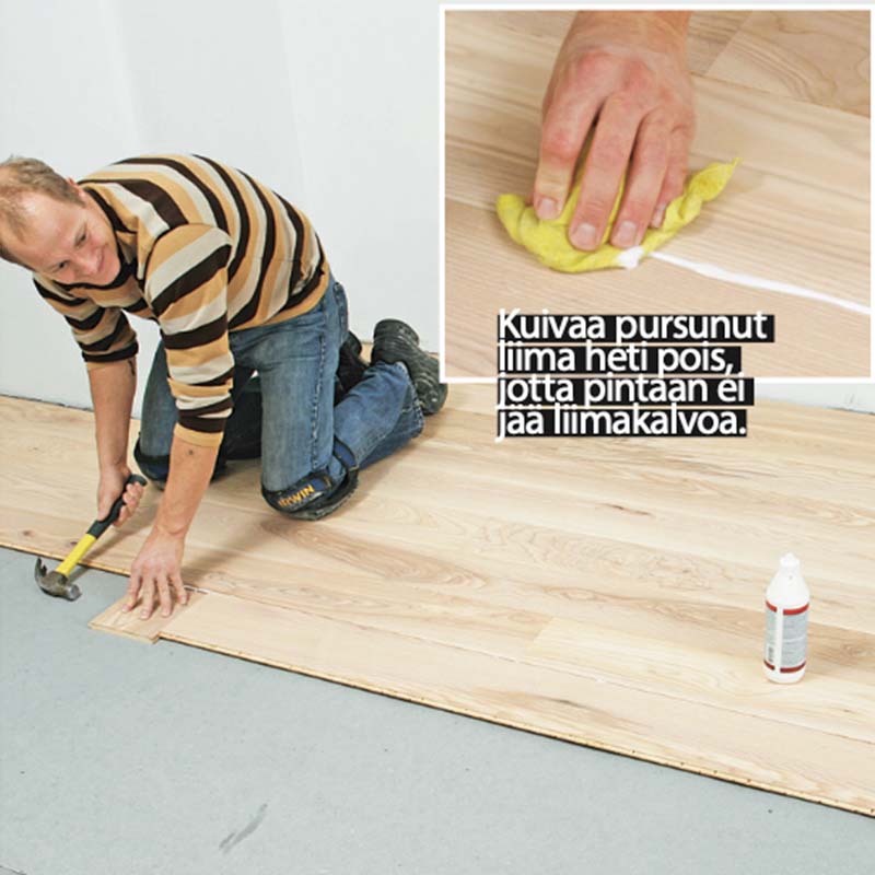 Lattialämmitys puulattiaan: Laudat kootaan yhteen parketti-liimalla