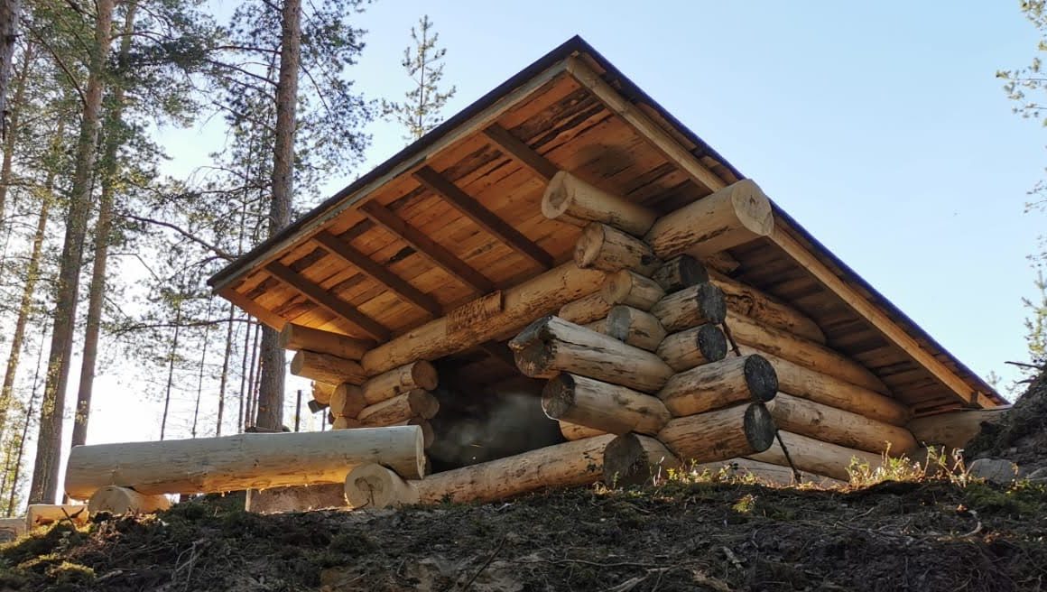 Rustikt shelter af tykke stammer