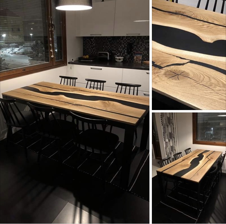 Spisebord med elv av harpiks