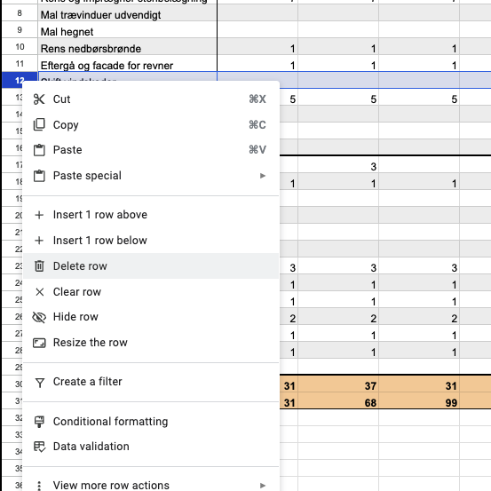 Fjern opgave i drift- og vedligeholdelsesplan i excel