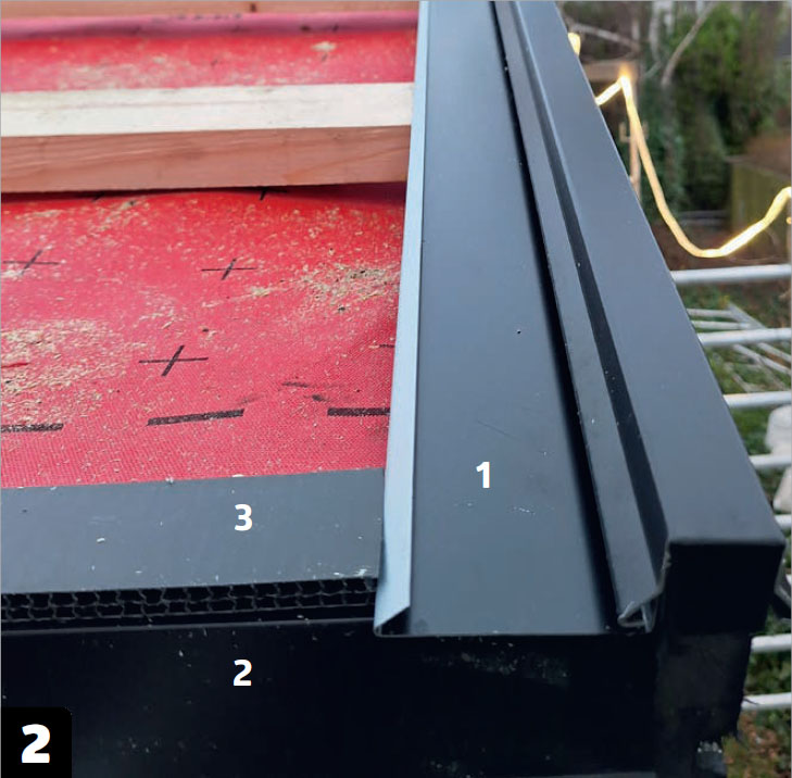 Solartag: Husk sternrende (1), tagfod og fodblik (2) og ventilationsliste (3)