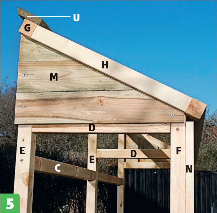 Byg selv drivhus op af væg: Montér de skrå sider (M) foroven