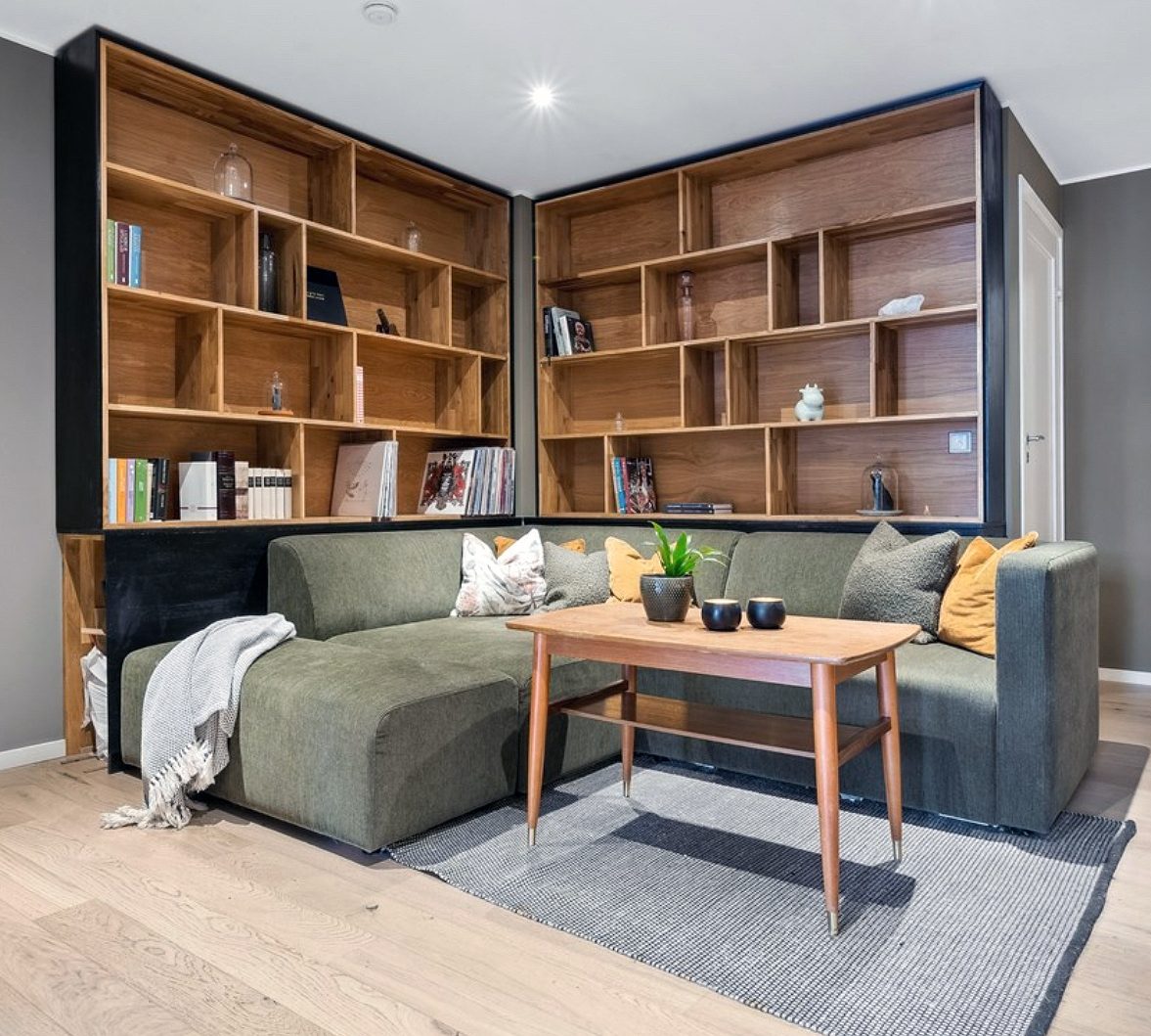 Reolvæg med indbygget bar- og vinskab