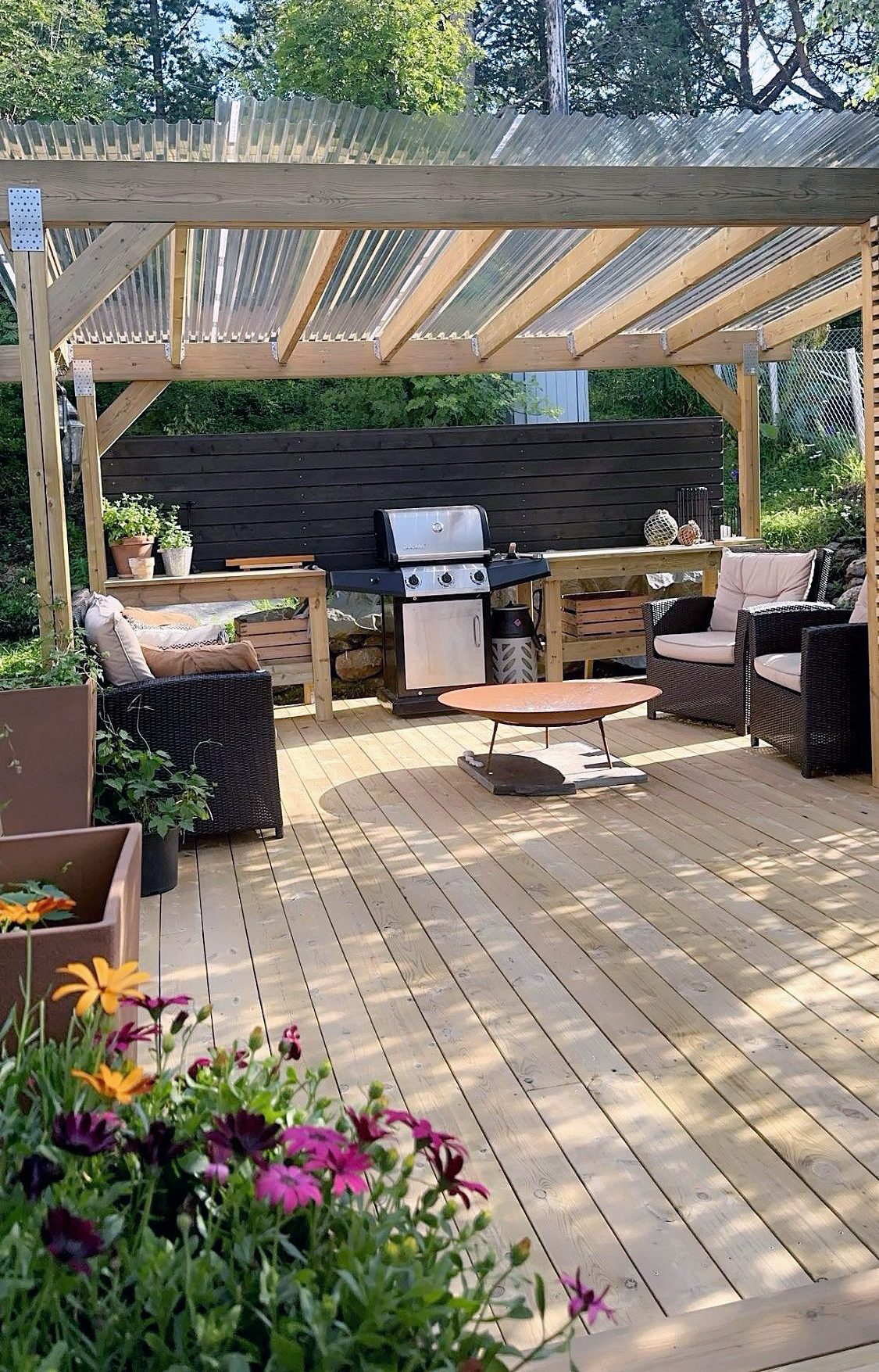 Overdækket terrasse med lounge og udekøkken