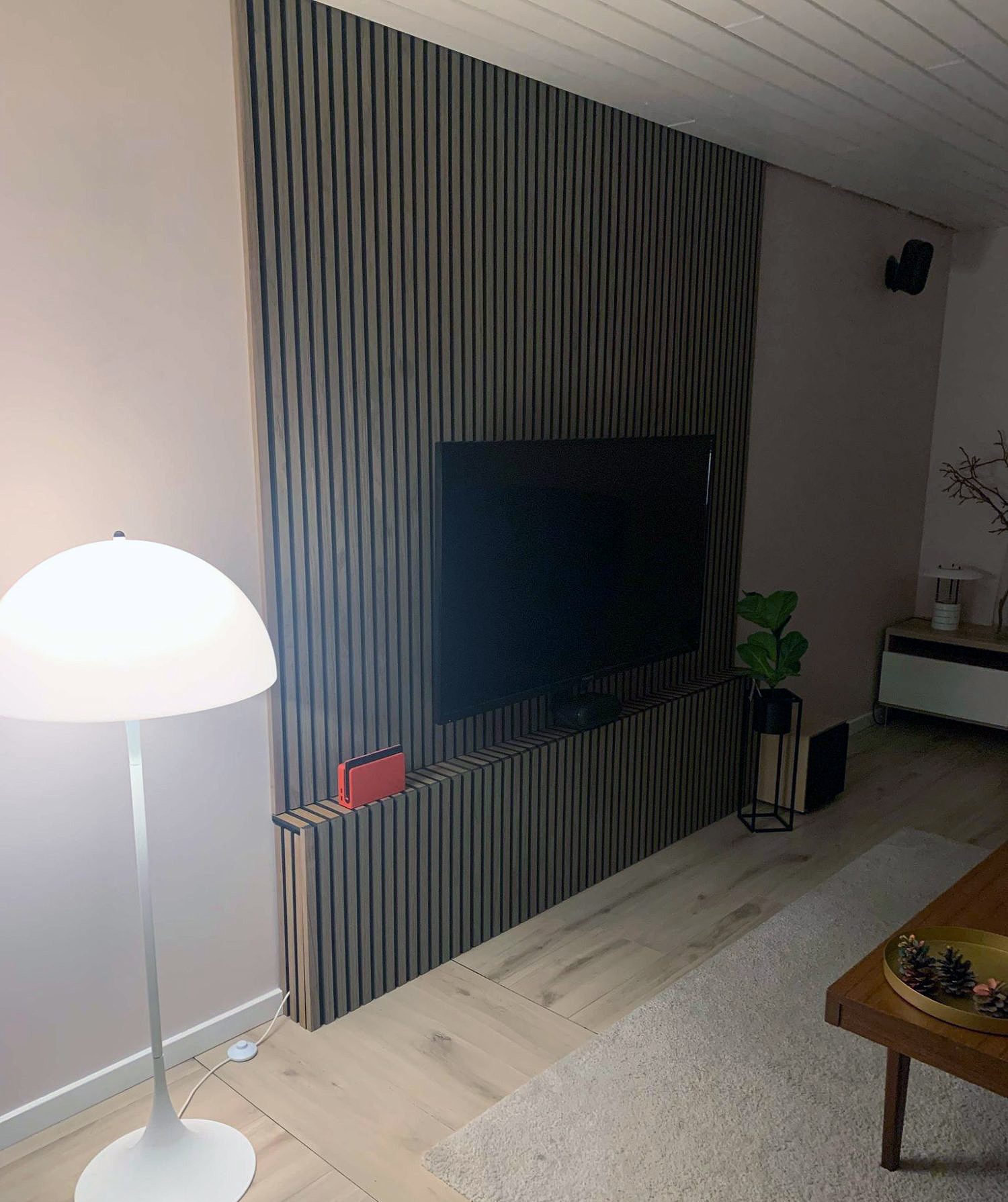 Lyddæmpet tv-væg skjuler blændet dør